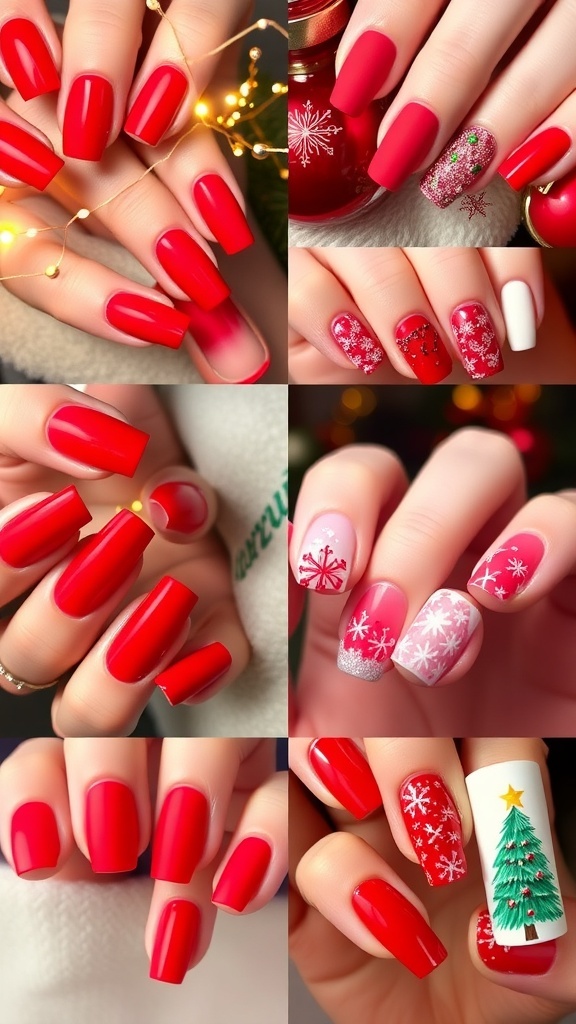 A festive display of red Christmas nail designs including glossy, matte, and glitter finishes with holiday nail art.